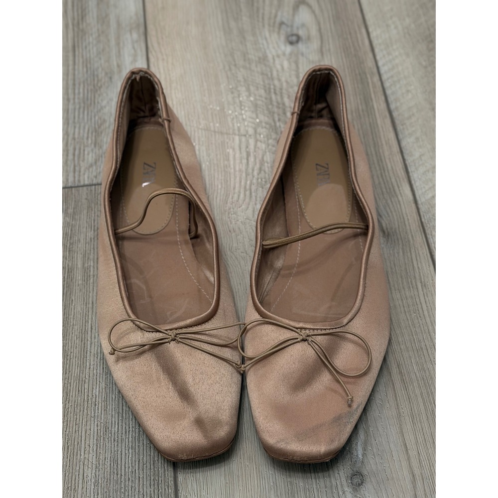 Zara Champagne Satin Square Toe Ballet Flats Bow Elastic Strap Size 39 Womens